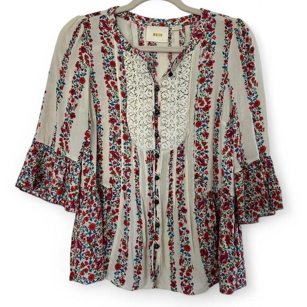 Anthropologie Maeve Hiver Floral Lace Button Up Blouse Ivory Size 4